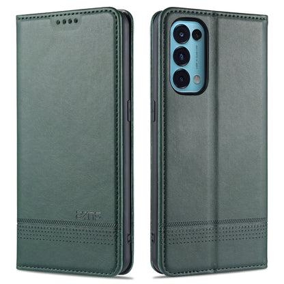 Magnetic flip leather case with card slots, dark green; front and back views