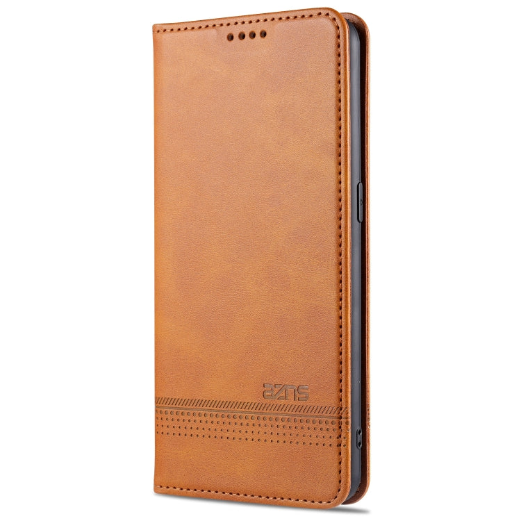 Magnetic flip leather case with card slots, tan/light brown, textured leather finish