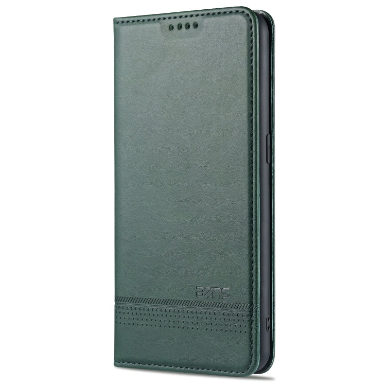 Magnetic flip leather case with card slots, dark green, textured leather front