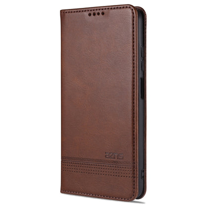 AZNS magnetic flip leather phone case, dark brown with perforated trim