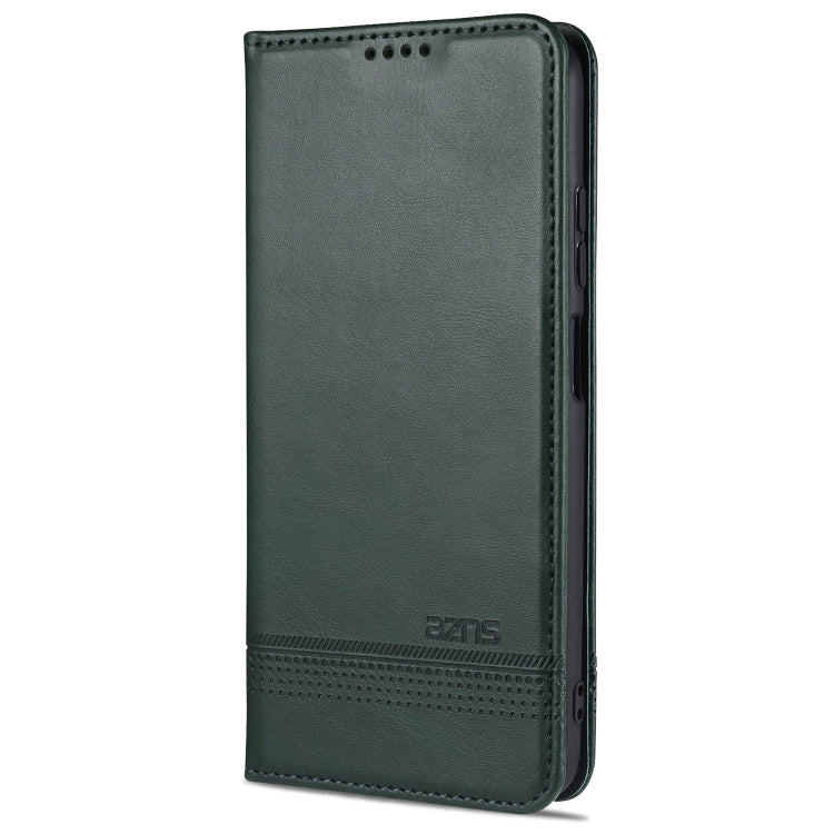 AZNS magnetic flip leather phone case, dark green with perforated trim