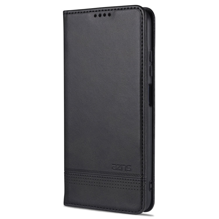 AZNS magnetic flip leather phone case, black with perforated trim