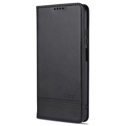 AZNS magnetic flip leather phone case, black with perforated trim