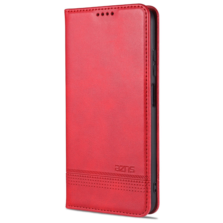 AZNS magnetic flip leather phone case, red with perforated trim
