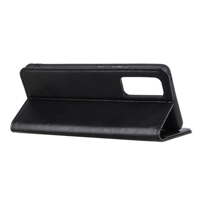 Black leather flip phone case in stand mode with hand-free viewing angle