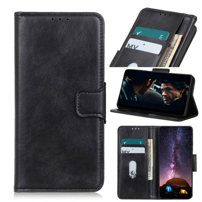 Black leather flip phone wallet case with card slots and foldout stand