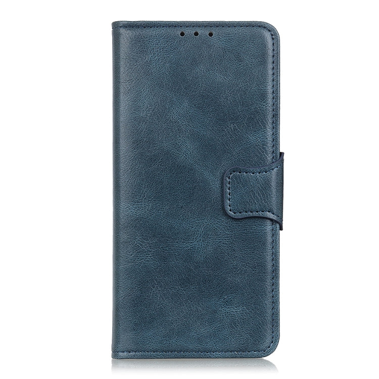 Blue leather flip phone wallet case with magnetic strap and stitched edges