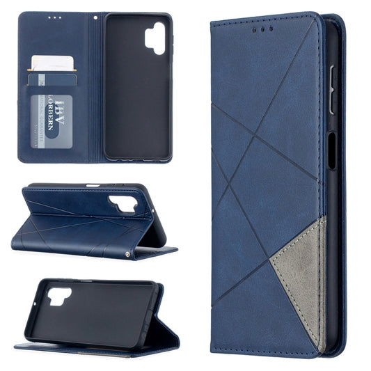 Blue leather wallet phone case with magnetic flip cover, card slots, and stand view