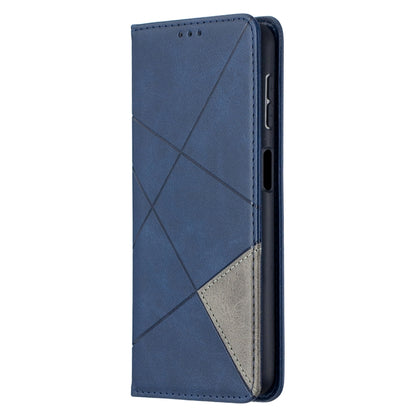 Blue leather horizontal flip phone case with diagonal stitched pattern and cutout ports