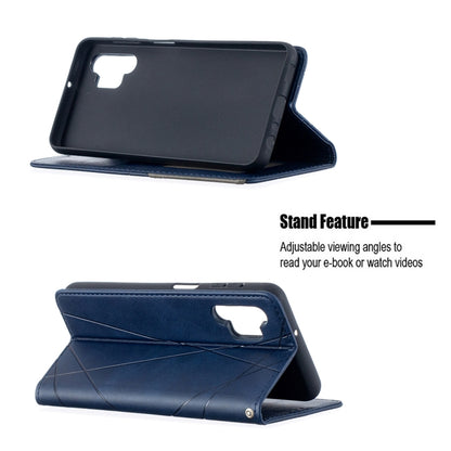 Blue leather wallet phone case flipped open as a horizontal stand