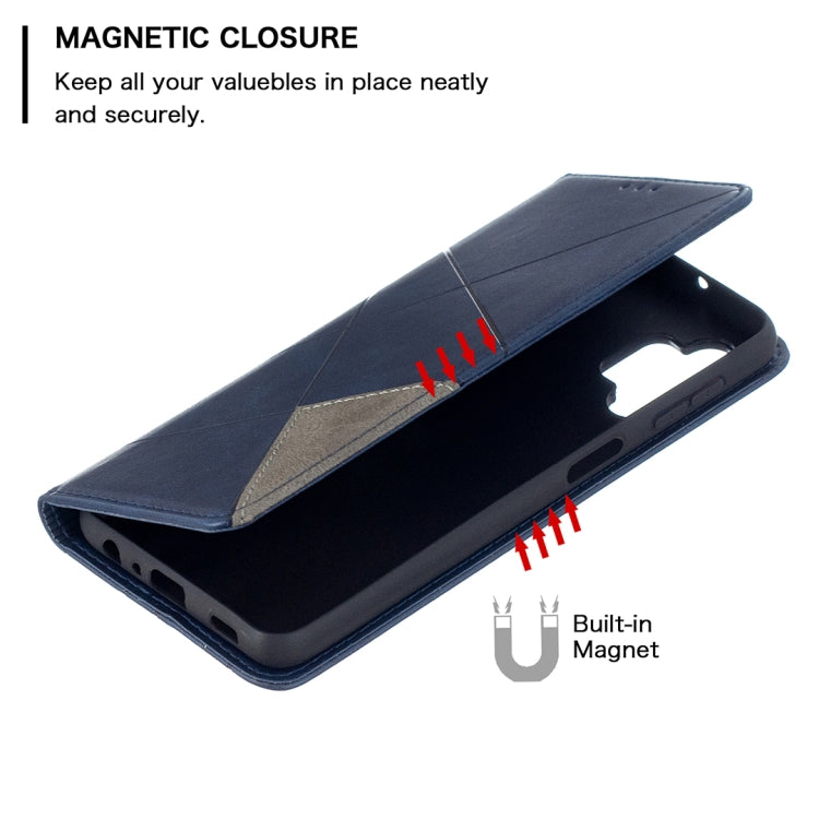 Blue leather flip phone case with magnetic closure and built-in magnet label