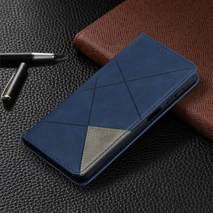 Blue leather wallet phone case with geometric stitch lines and front flap