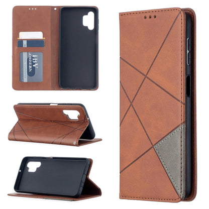 Brown leather magnetic flip phone case with card slots and geometric stitched front panel.