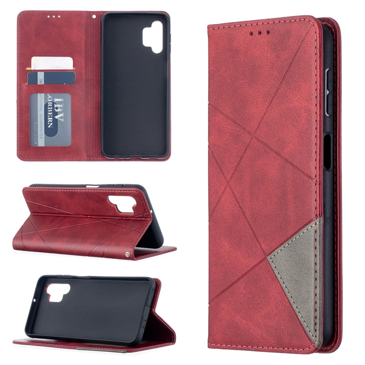 Red leather magnetic flip phone case with card slots and geometric stitched front pattern.