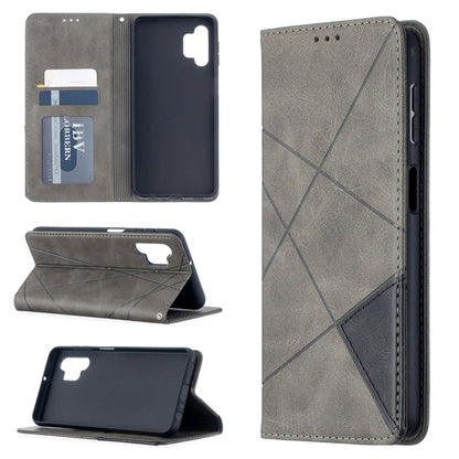 Grey leather magnetic flip phone case with card slots and diamond-stitched geometric lines.