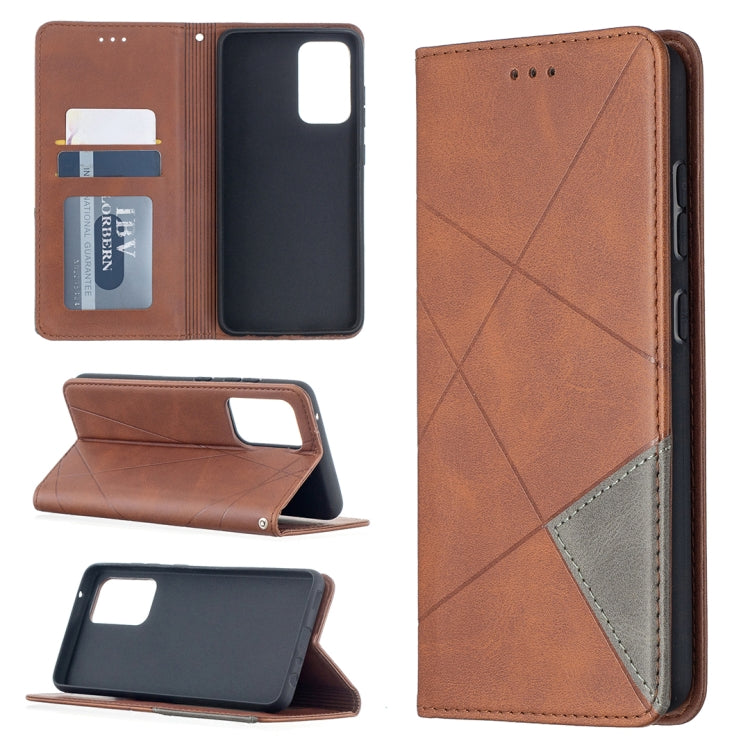 Brown leather magnetic flip phone case, showing card slots and phone screen window cutout.