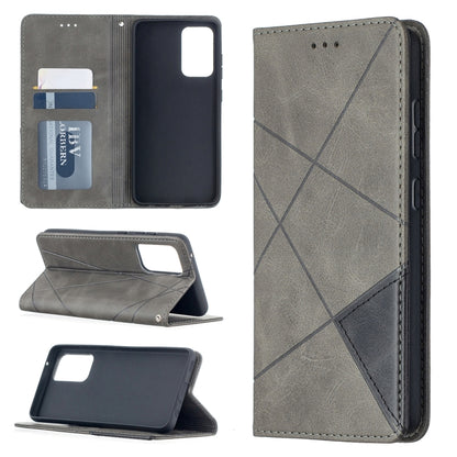 Grey leather magnetic flip phone case with card holder slots and screen cutout on front flap.