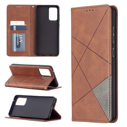 Brown leather magnetic flip phone case with horizontal folding stand and card holder slots.