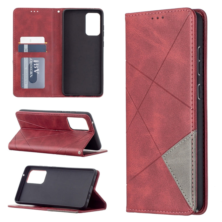Red leather magnetic flip phone case, front view with cutout window and card slots.