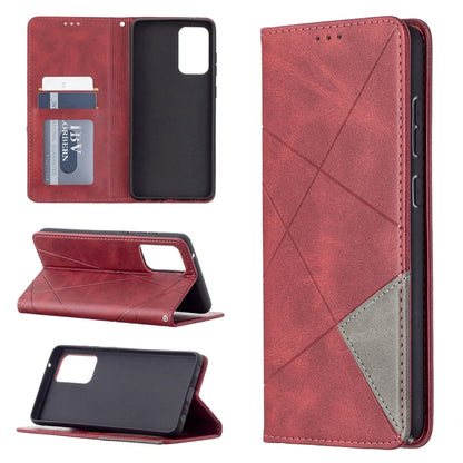 Red leather magnetic flip phone case, front view with cutout window and card slots.
