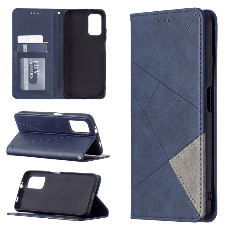 Blue leather wallet phone case with card slots, magnetic flip cover, and stand position