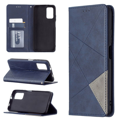 Blue leather wallet phone case with card slots, magnetic flip cover, and stand position