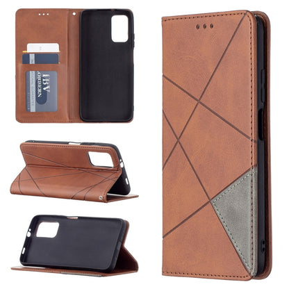 Brown leather magnetic flip phone case with visible edge openings and diamond-stitched texture.