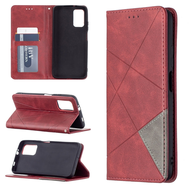 Red leather magnetic flip phone case with side openings and diagonal stitched design.