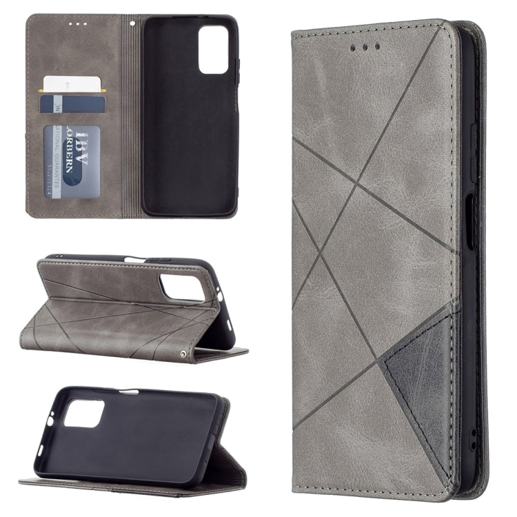 Gray leather magnetic flip wallet case with card slots and photo frame, upright