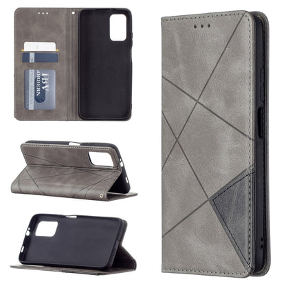 Gray leather magnetic flip wallet case with card slots and photo frame, upright