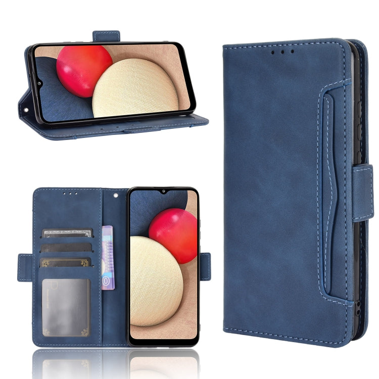 Blue flip leather phone case with card slots and stitched vertical pocket
