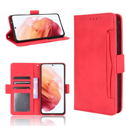 Red flip leather phone case with card slots, fold cover and side strap holder.