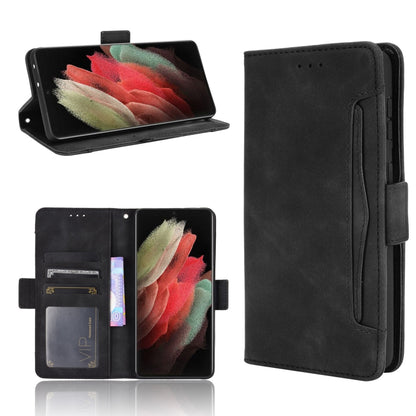 Black flip leather phone case with card slots, cover open and side strap.