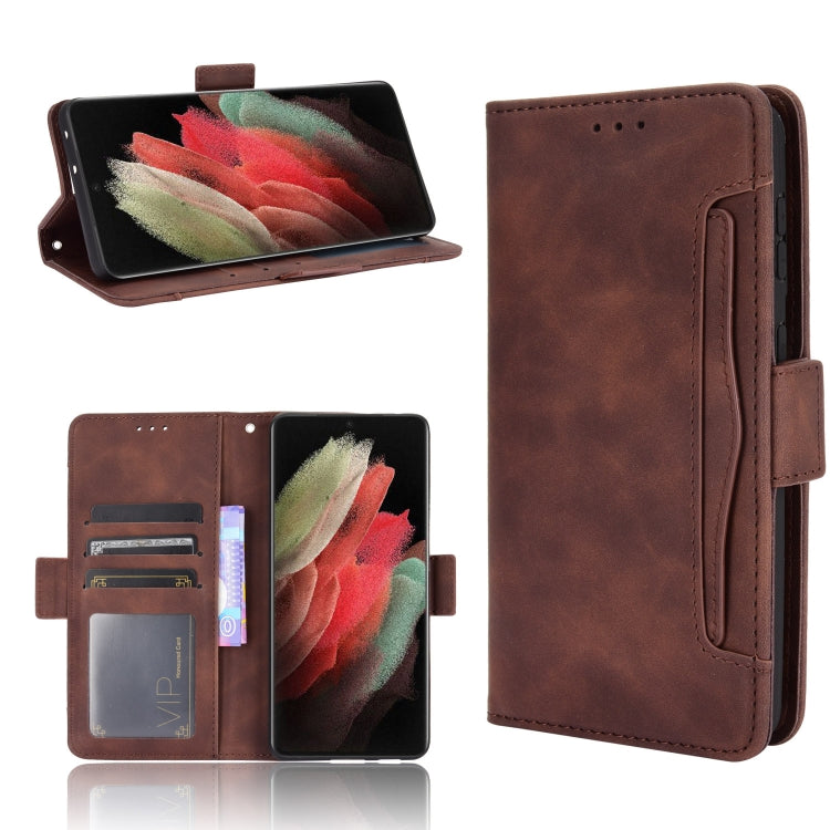 Brown flip leather phone case with card slots, cover open and side strap.
