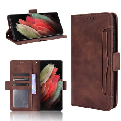 Brown flip leather phone case with card slots, cover open and side strap.