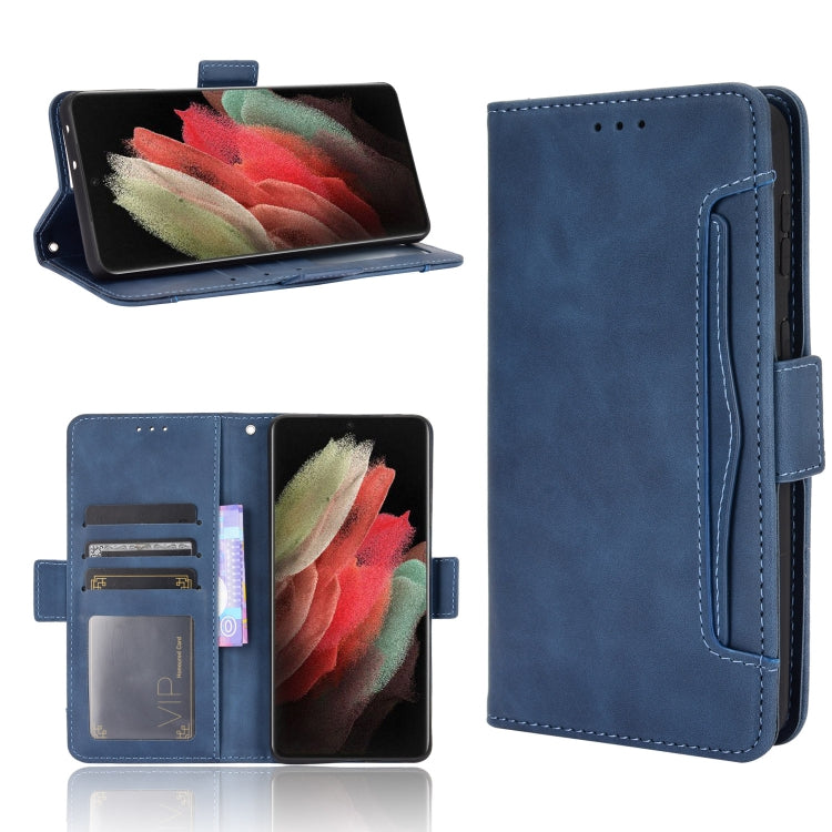 Blue flip leather phone case with card slots, cover open and side strap.