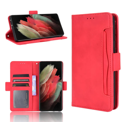 Red flip leather phone case with card slots, cover open and side strap.