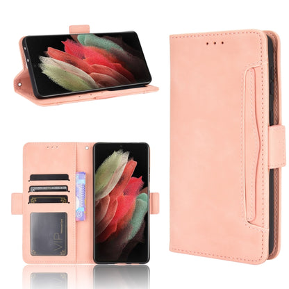 Pink leather flip phone case with card slots and photo frame, front cover open