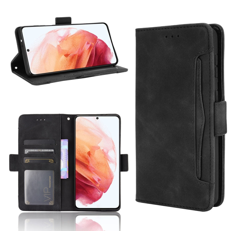 Black leather flip phone case with card slots and photo frame, side view
