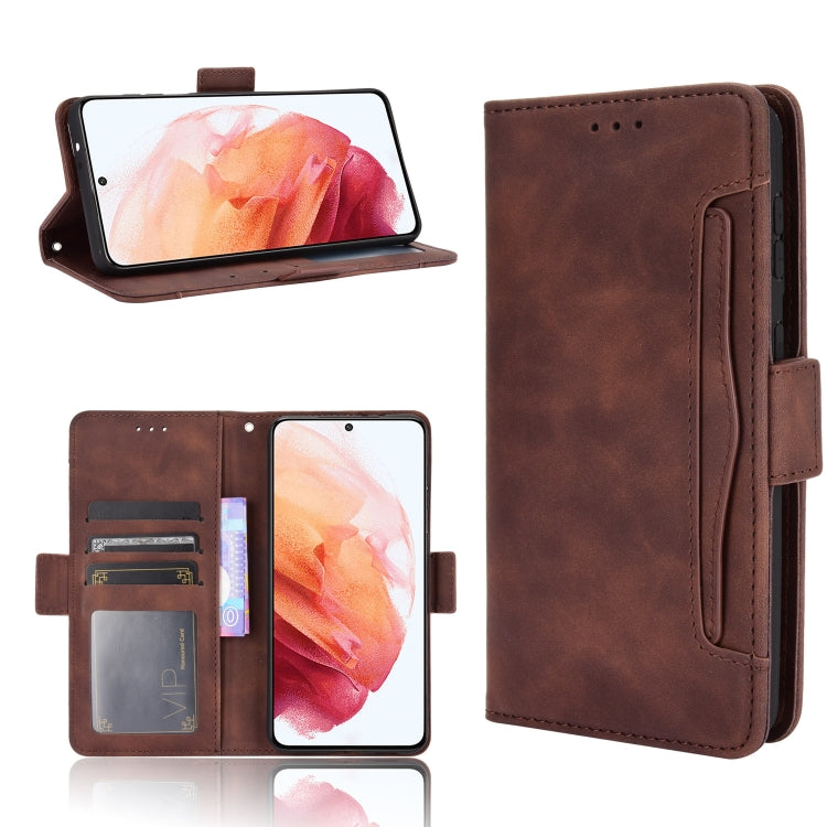 Brown leather flip phone case with card slots and photo frame, front and back shown