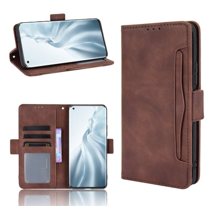 Brown leather flip phone case with card slots and photo frame, closed front