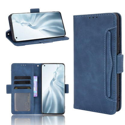 Blue leather flip phone case with card slots and photo frame, open and side view