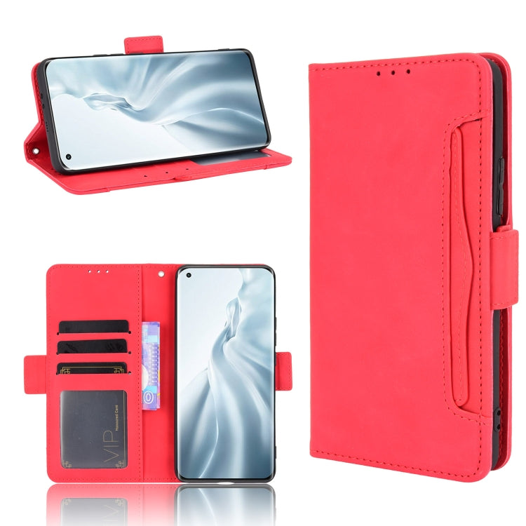 Red leather flip phone case with card slots and photo frame, open wallet layout