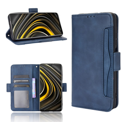 Blue leather flip phone case with card slots and vertical holder, photo frame window