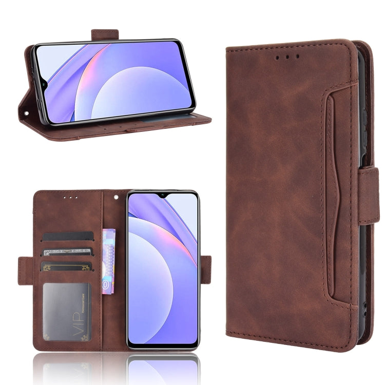 Brown leather flip phone case with card slots and vertical holder, photo frame window
