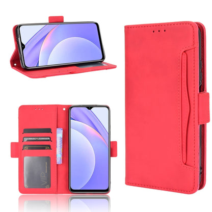 Red leather flip phone case with card slots and vertical holder, photo frame window