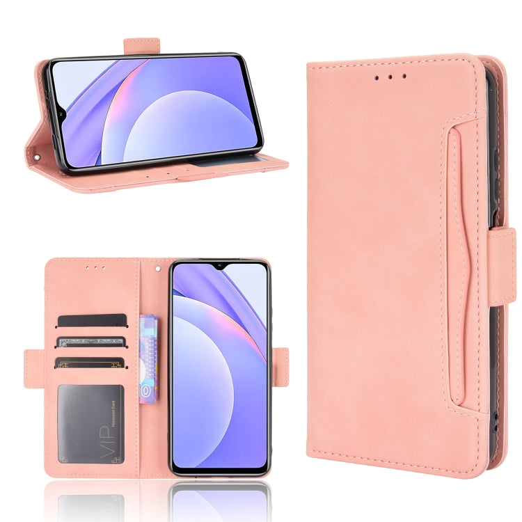 Light pink leather flip phone case with card slots and vertical holder, photo frame window