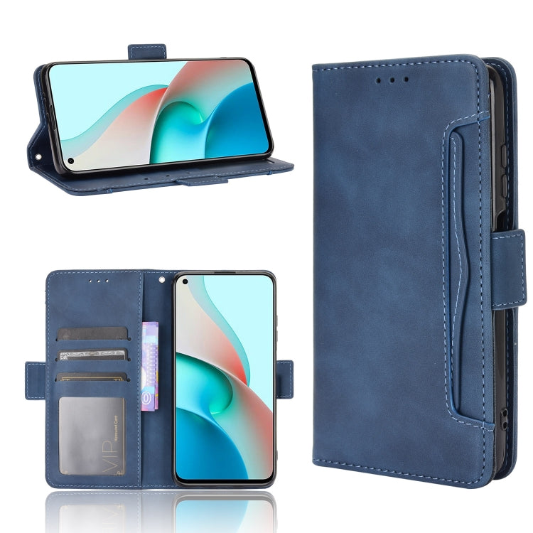Blue leather flip phone case with card slots and photo frame holder