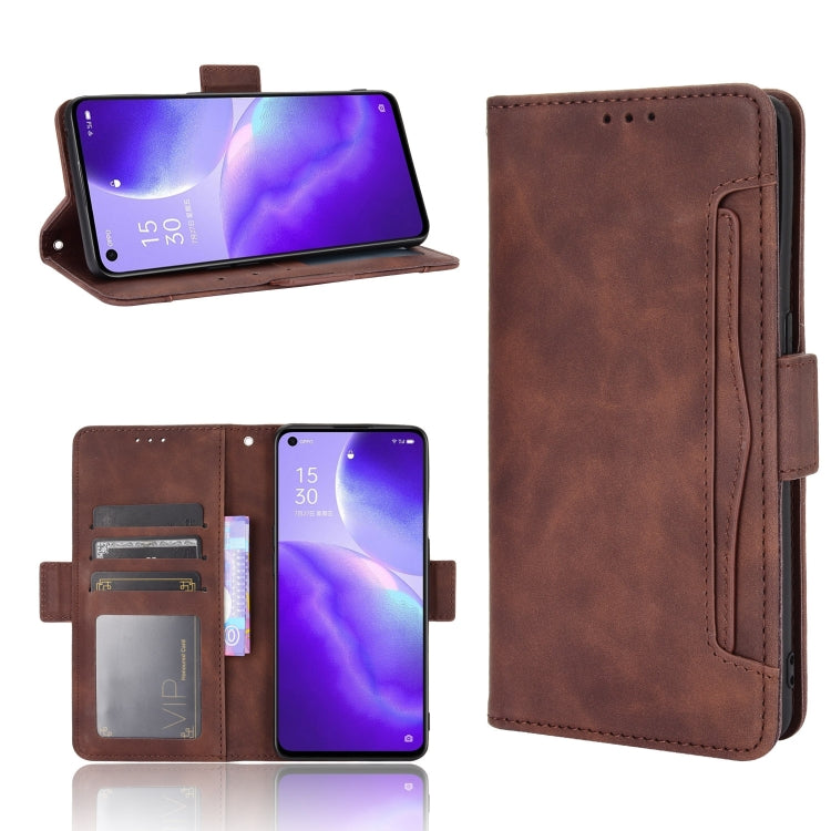 Brown leather flip phone case with card slots and photo frame holder, back view