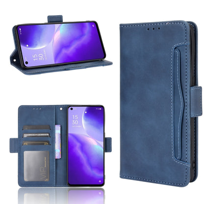 Blue leather flip phone case with card slots and photo frame holder, back view